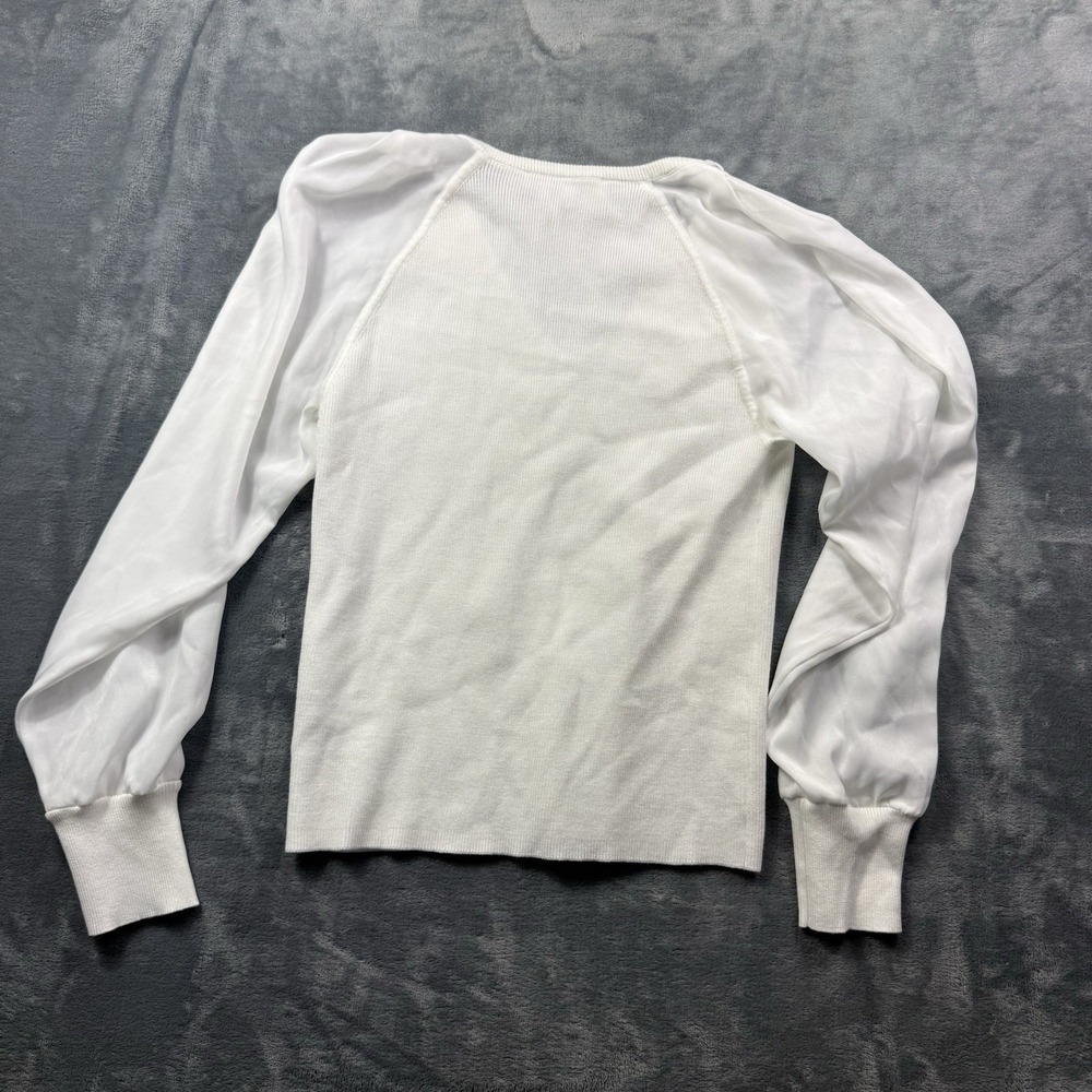 DKNY Women's White Rib Knit Sweater Sheer Satin Puff Sleeve V-Neck Size Large - Picture 6 of 6